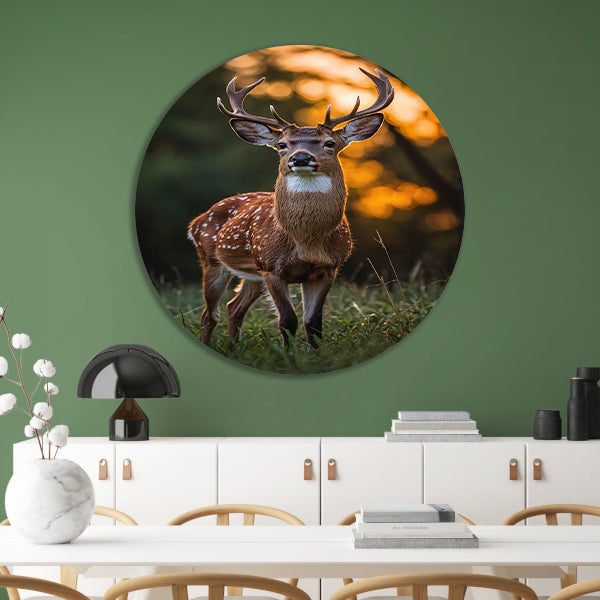 Hert in zonsondergang, natuurgetrouw en sereen aluminium muurcirkel