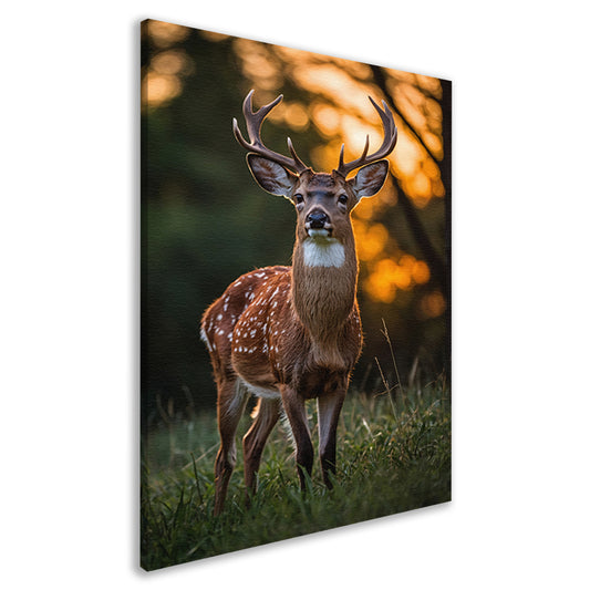 Hert in zonsondergang, natuurgetrouw en sereen canvas