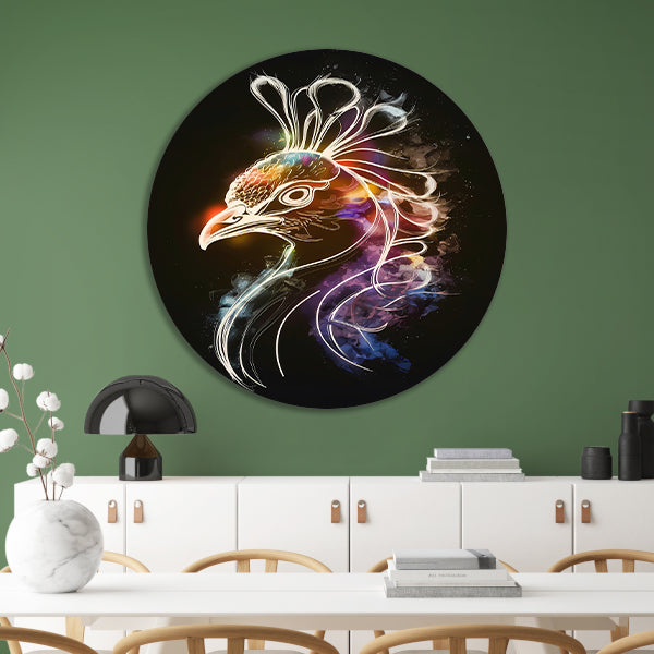 Abstracte Kosmische Vogel in Kleur aluminium muurcirkel