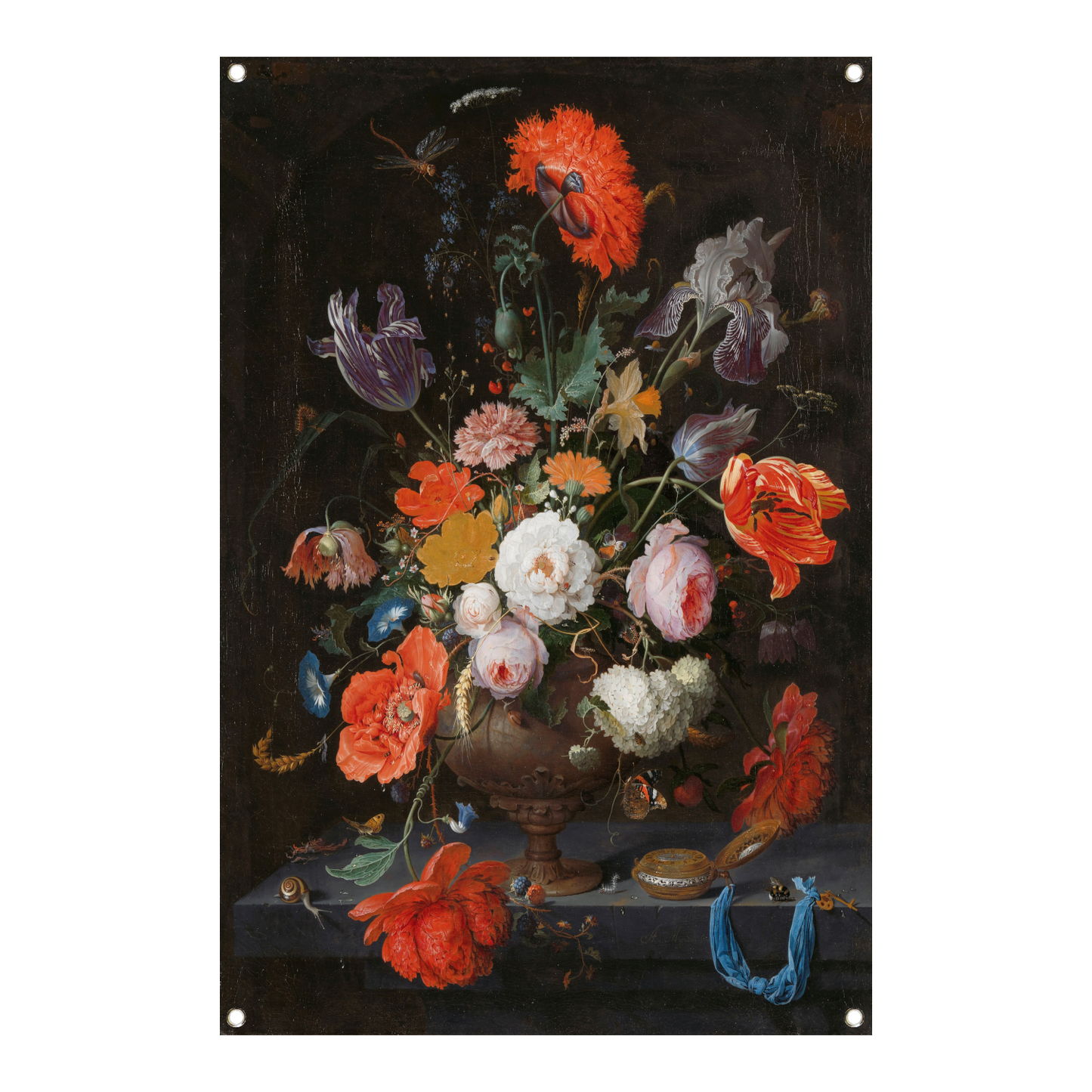 Stilleven met bloemen en een horloge - Abraham Mignon tuinposter