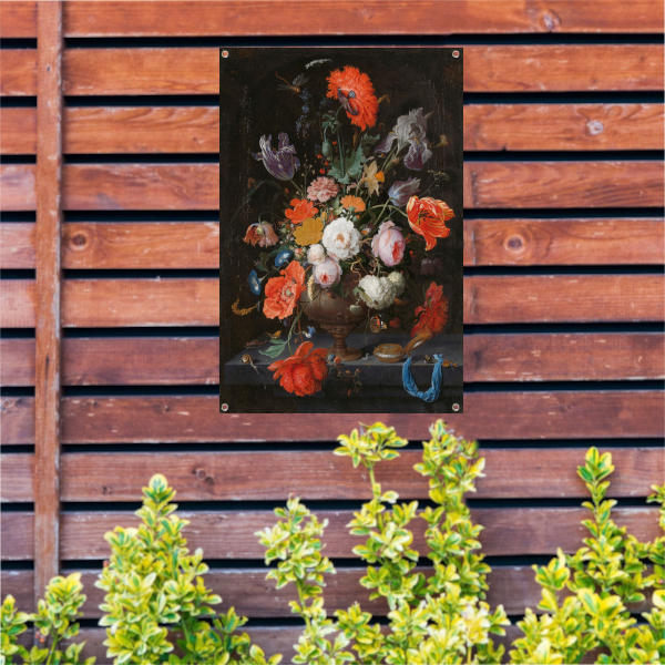 Stilleven met bloemen en een horloge - Abraham Mignon tuinposter