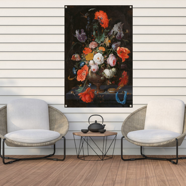 Stilleven met bloemen en een horloge - Abraham Mignon tuinposter