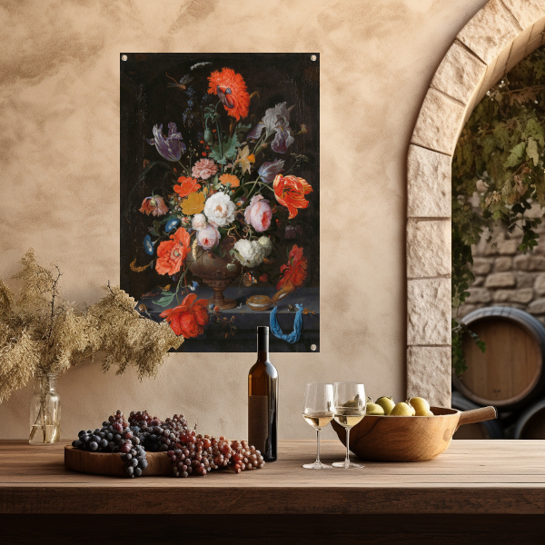 Stilleven met bloemen en een horloge - Abraham Mignon tuinposter