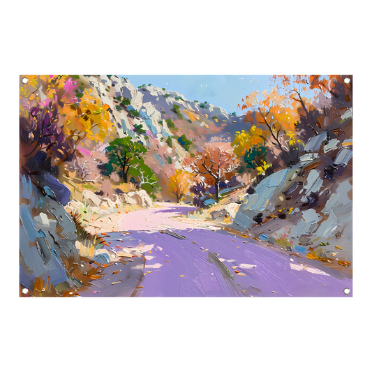 Kleurrijk herfstlandschap met kronkelende weg tuinposter