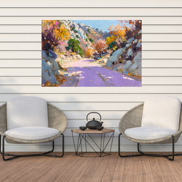 Kleurrijk herfstlandschap met kronkelende weg tuinposter
