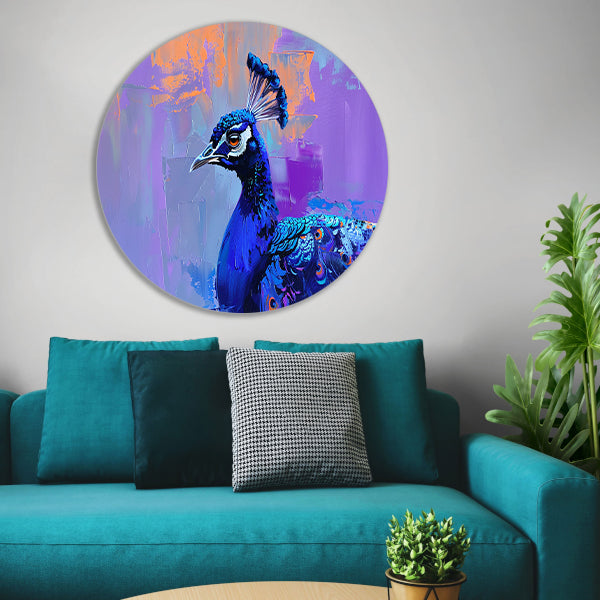Schilderij van kleurrijke pauw in abstracte stijl aluminium muurcirkel