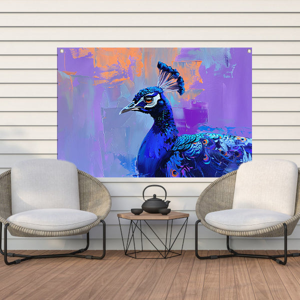 Schilderij van kleurrijke pauw in abstracte stijl tuinposter