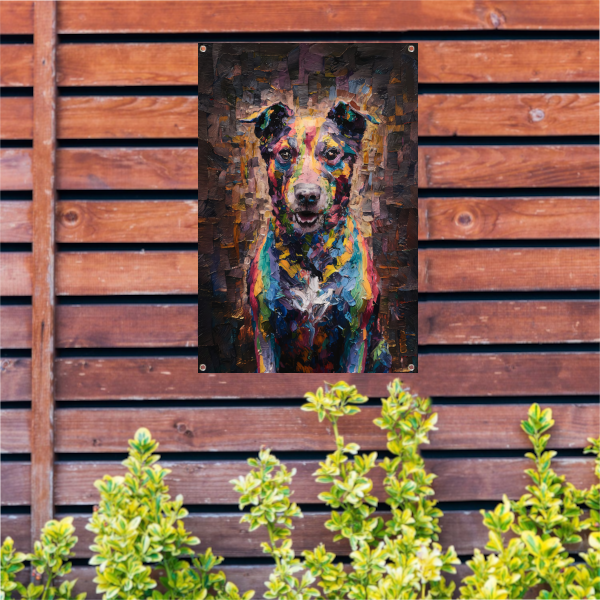 Expressieve kleurrijke hond in moderne kunst tuinposter
