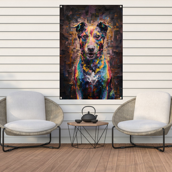 Expressieve kleurrijke hond in moderne kunst tuinposter