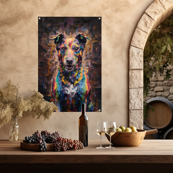 Expressieve kleurrijke hond in moderne kunst tuinposter