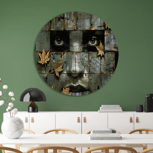Surrealistisch gezicht met gouden bladeren kunstwerk aluminium muurcirkel