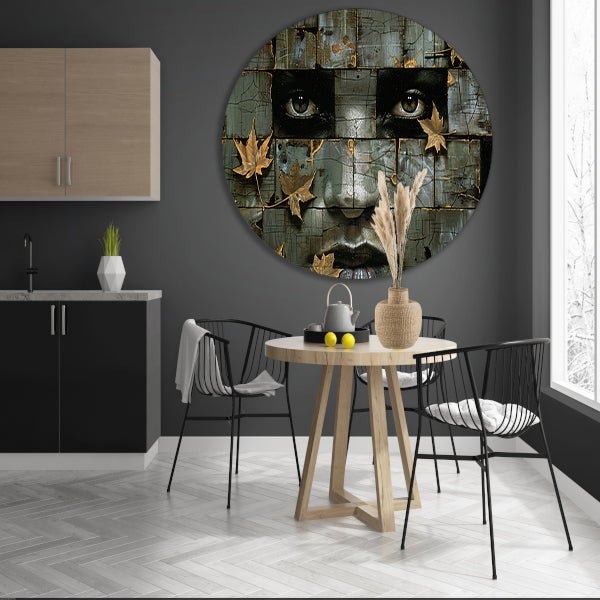 Surrealistisch gezicht met gouden bladeren kunstwerk aluminium muurcirkel