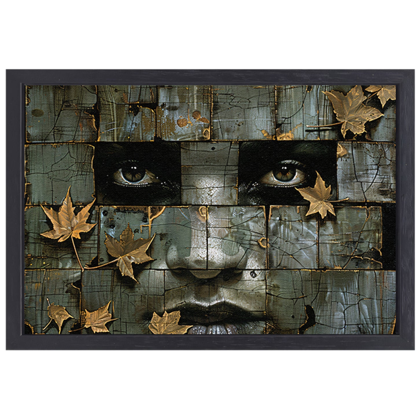 Surrealistisch gezicht met gouden bladeren kunstwerk canvas met baklijst
