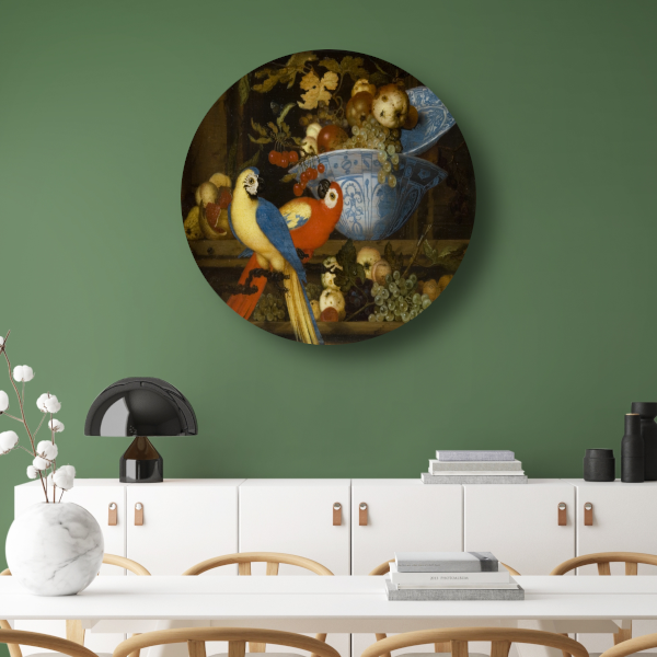 Stilleven met fruit en twee papegaaien - Balthasar van der Ast aluminium muurcirkel