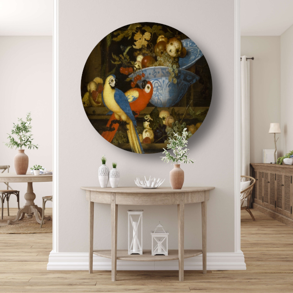Stilleven met fruit en twee papegaaien - Balthasar van der Ast aluminium muurcirkel
