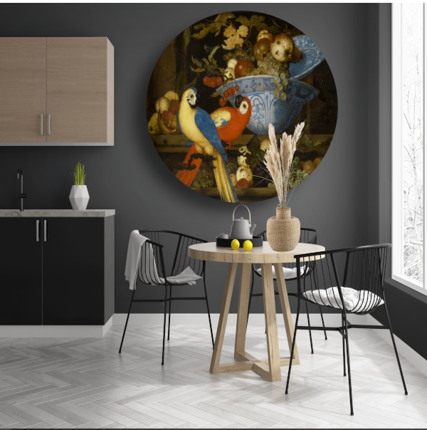 Stilleven met fruit en twee papegaaien - Balthasar van der Ast aluminium muurcirkel