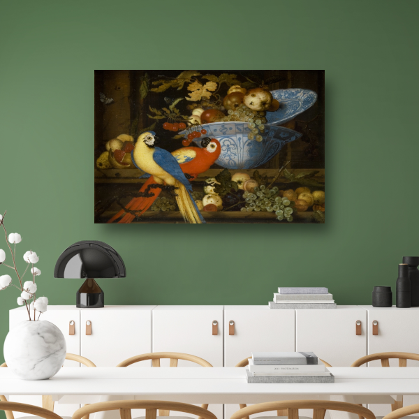 Stilleven met fruit en twee papegaaien - Balthasar van der Ast poster