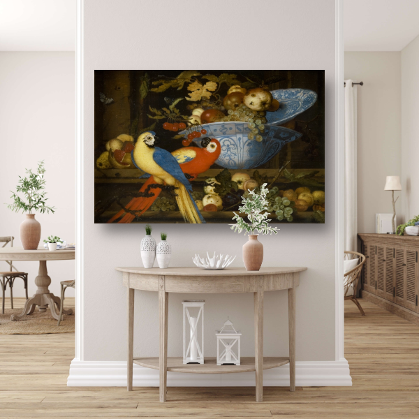 Stilleven met fruit en twee papegaaien - Balthasar van der Ast poster
