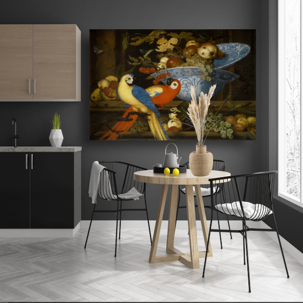 Stilleven met fruit en twee papegaaien - Balthasar van der Ast canvas met baklijst