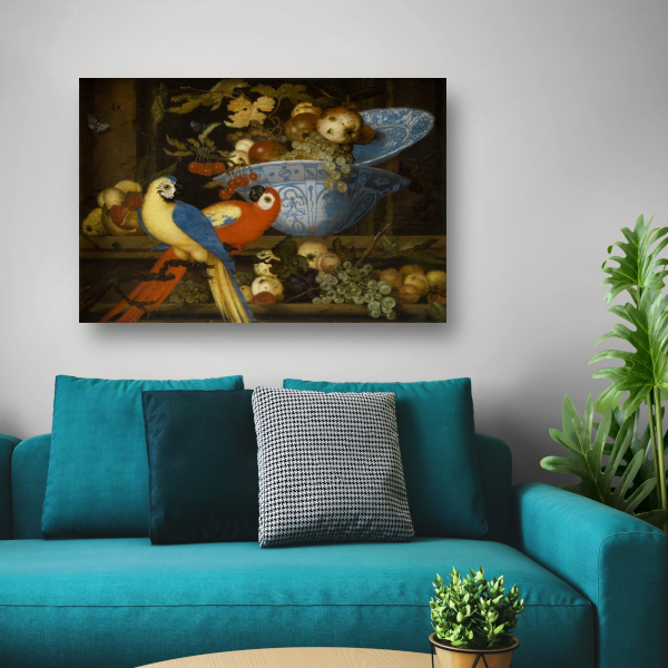 Stilleven met fruit en twee papegaaien - Balthasar van der Ast poster