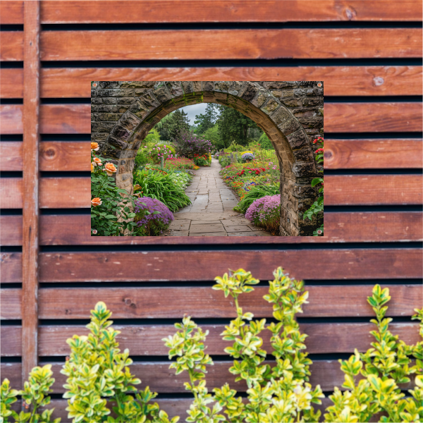 Serene Tuinpoort naar Weelderige Oase tuinposter