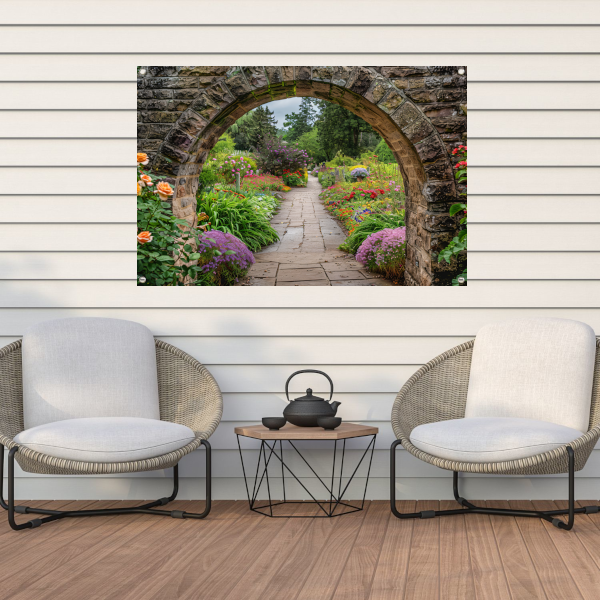 Serene Tuinpoort naar Weelderige Oase tuinposter