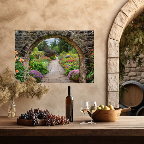 Serene Tuinpoort naar Weelderige Oase tuinposter