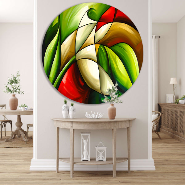 Abstracte kleurrijke roos en bladeren schilderij aluminium muurcirkel