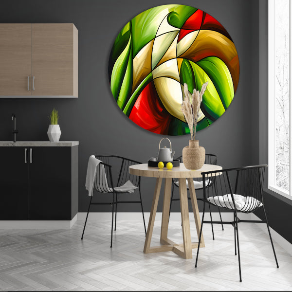 Abstracte kleurrijke roos en bladeren schilderij aluminium muurcirkel