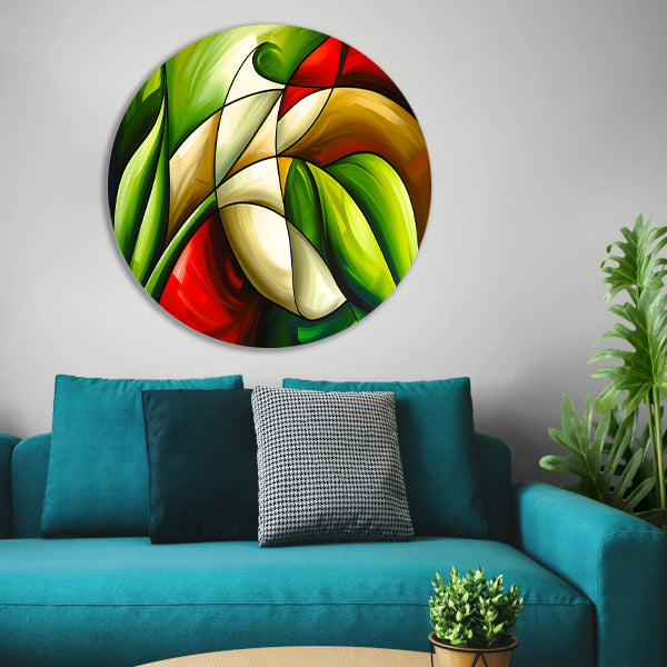 Abstracte kleurrijke roos en bladeren schilderij aluminium muurcirkel