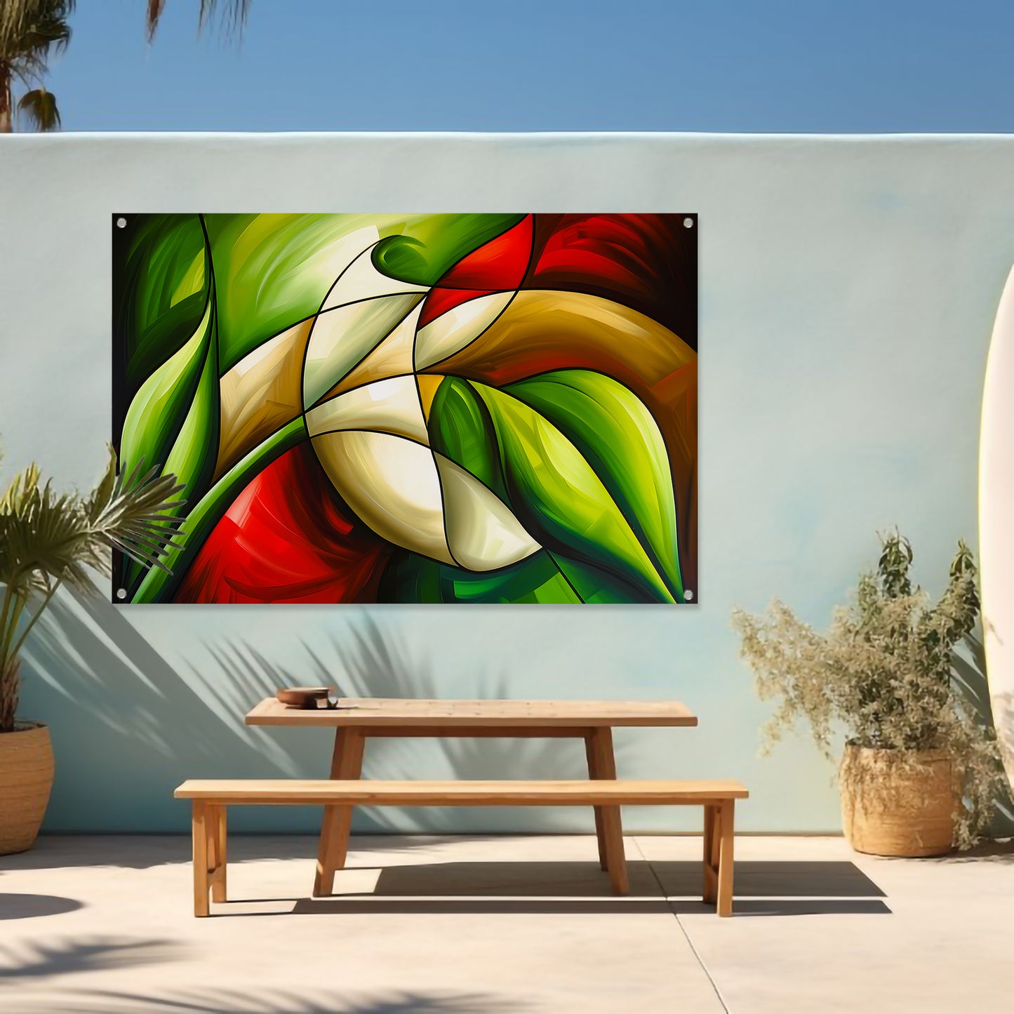 Abstracte kleurrijke roos en bladeren schilderij tuinposter