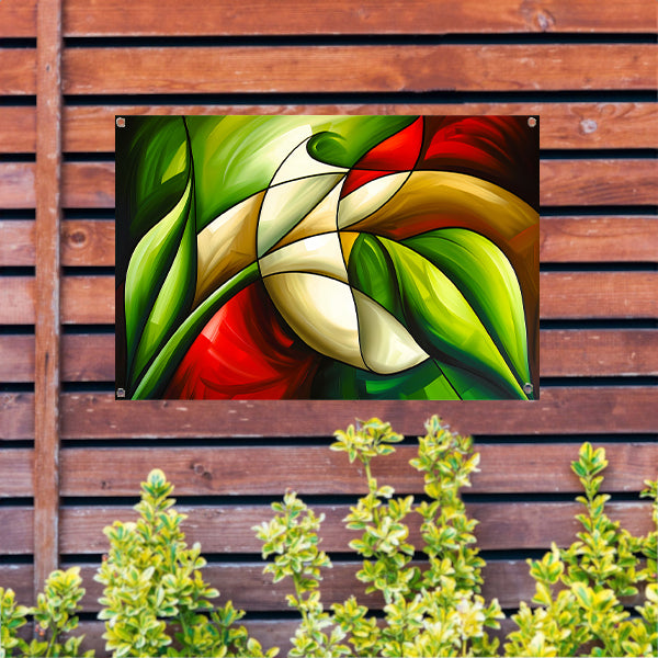 Abstracte kleurrijke roos en bladeren schilderij tuinposter