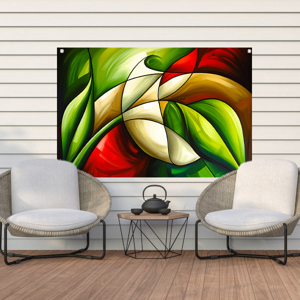 Abstracte kleurrijke roos en bladeren schilderij tuinposter