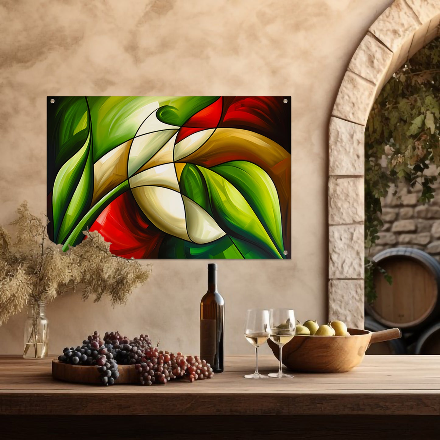 Abstracte kleurrijke roos en bladeren schilderij tuinposter