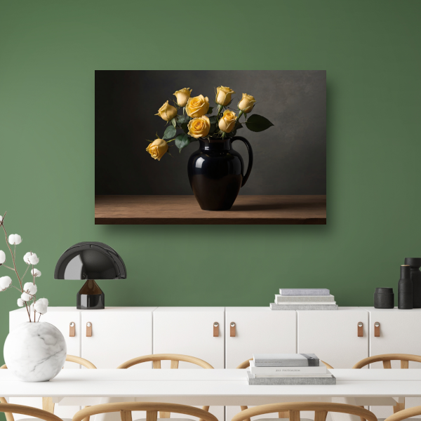 Zwart vaas met gele rozen stilleven poster