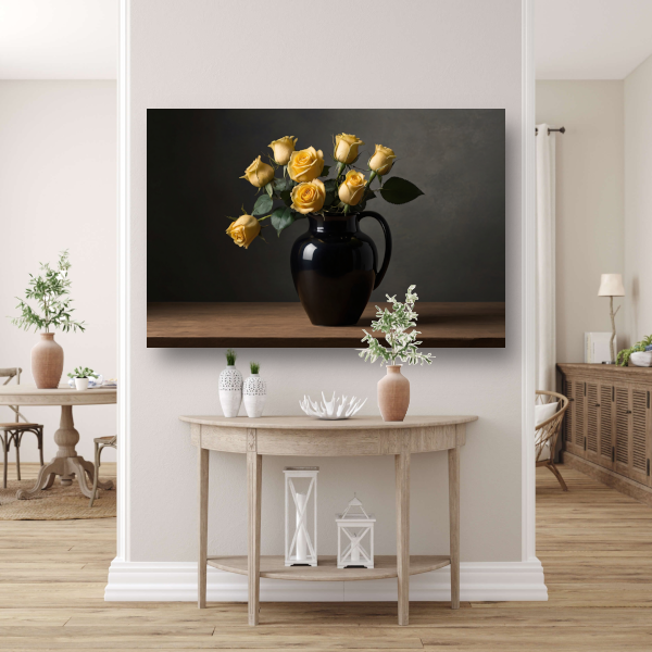 Zwart vaas met gele rozen stilleven poster