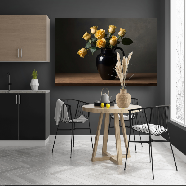 Zwart vaas met gele rozen stilleven poster