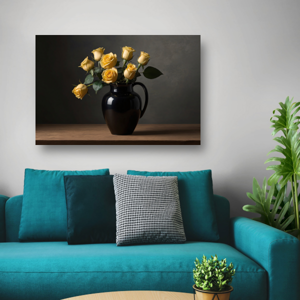 Zwart vaas met gele rozen stilleven poster