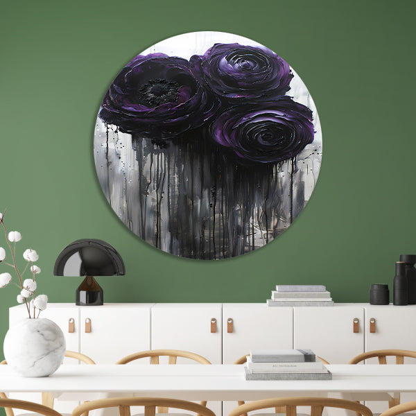 Grote Abstracte Bloemen in Zwart en Paars forex muurcirkel