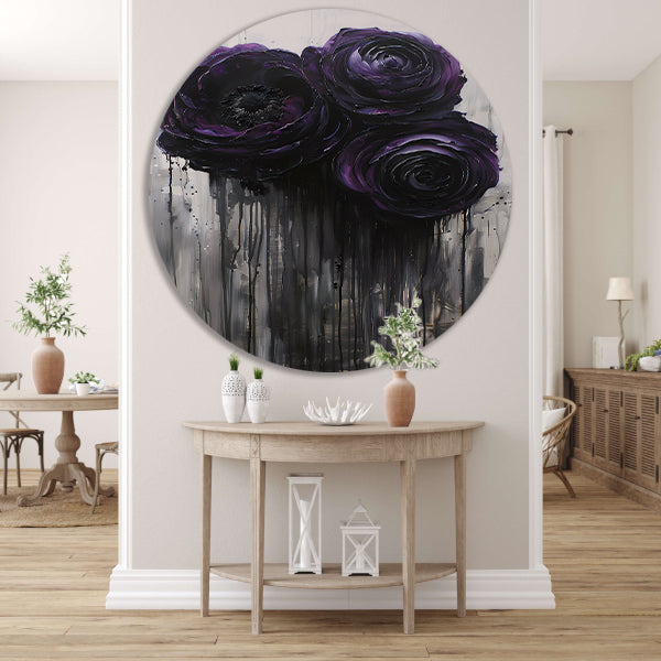 Grote Abstracte Bloemen in Zwart en Paars forex muurcirkel