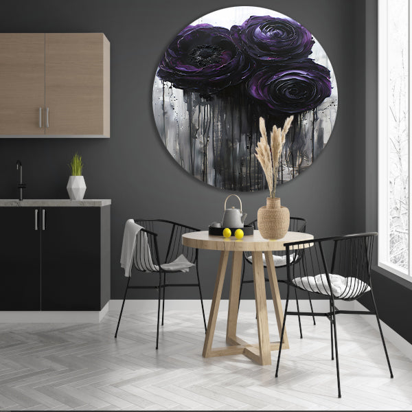 Grote Abstracte Bloemen in Zwart en Paars forex muurcirkel