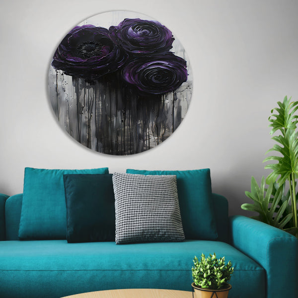 Grote Abstracte Bloemen in Zwart en Paars forex muurcirkel