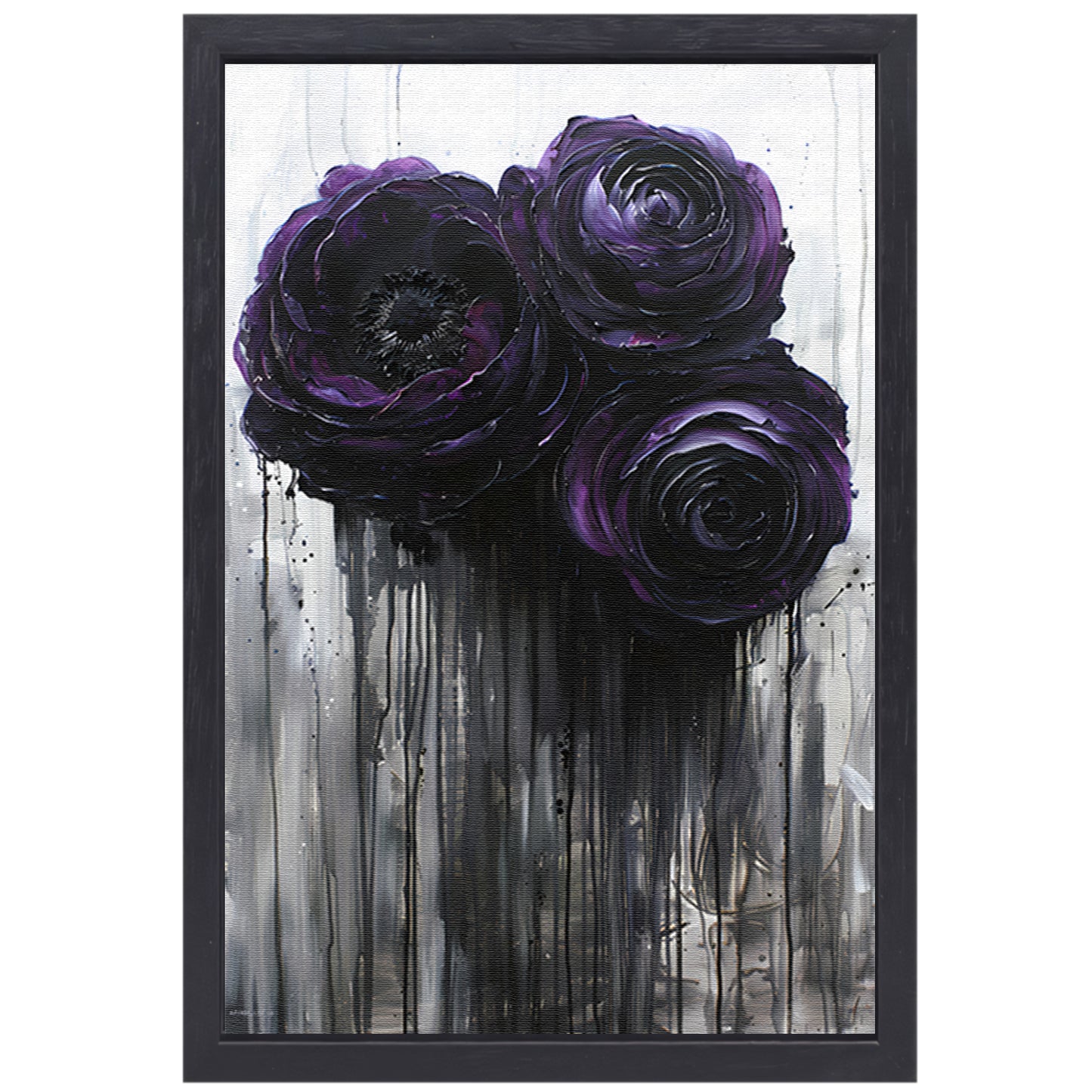 Grote Abstracte Bloemen in Zwart en Paars canvas met baklijst