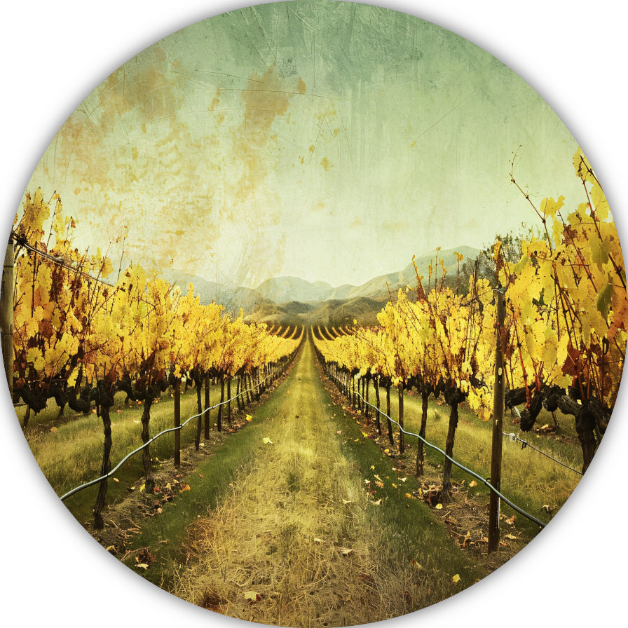 Sepia herfstwijngaard met heuvels op de achtergrond aluminium muurcirkel