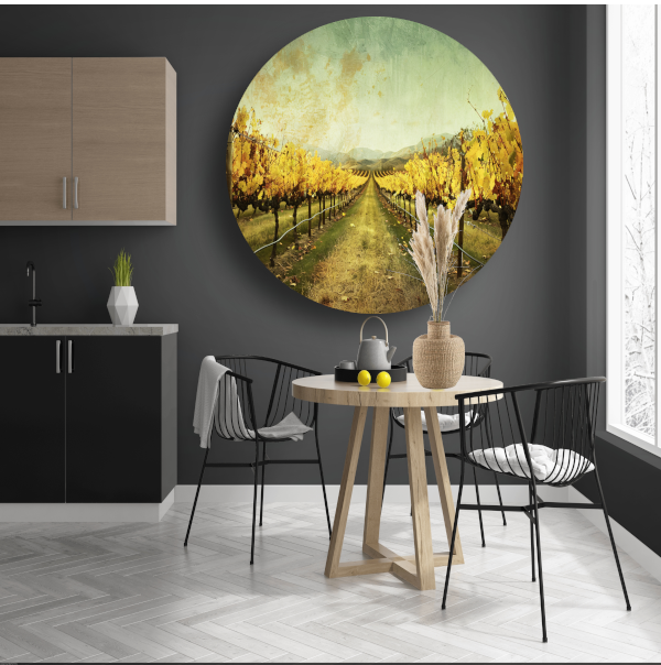 Sepia herfstwijngaard met heuvels op de achtergrond aluminium muurcirkel