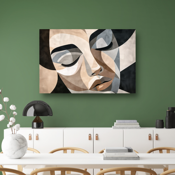 Geometrisch Abstract Gezicht in Sepia canvas met baklijst