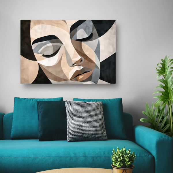 Geometrisch Abstract Gezicht in Sepia canvas met baklijst