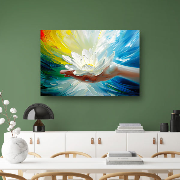 Abstracte kleurrijke bloem in een hand poster