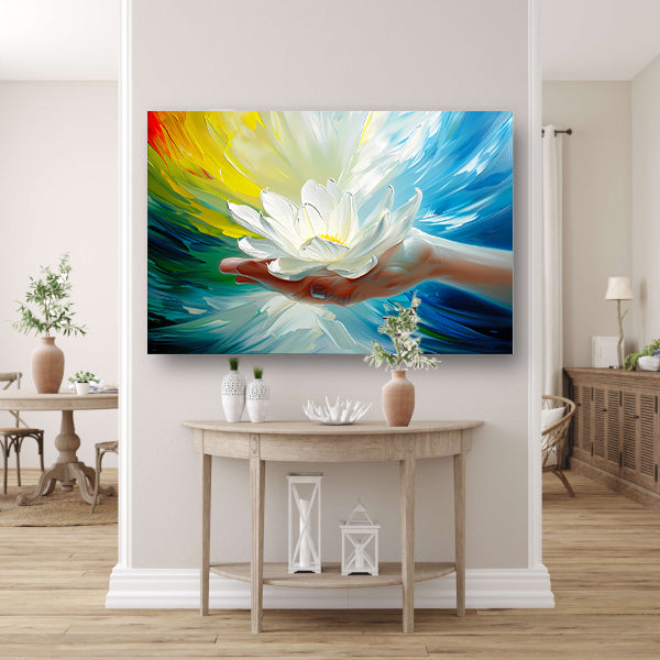 Abstracte kleurrijke bloem in een hand poster
