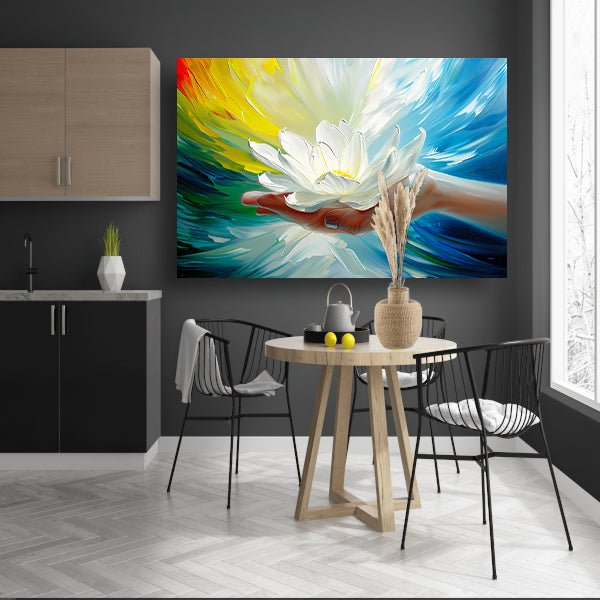 Abstracte kleurrijke bloem in een hand poster